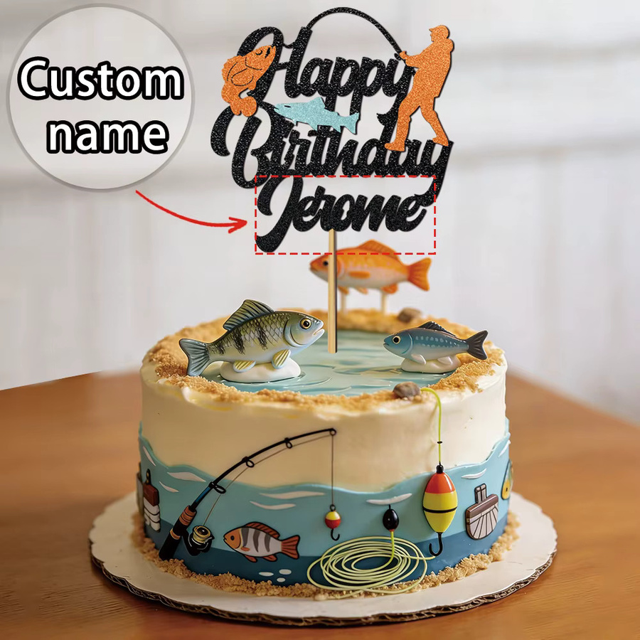 Personalisierte Kuchendekoration im Fischer-Stil mit Namen in Multicolour für Geburtstagsfeiern von Angelbegeisterten von joy-enlife - Bild 3