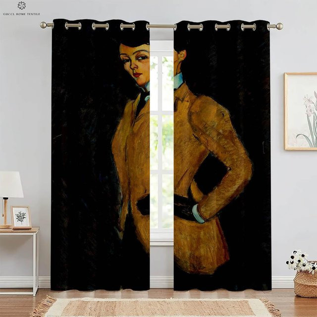 Dekorativer 2er-Set Vorhang mit klassischem Ölgemälde-Motiv in Schwarz, semi-transparent, B: 50 cm, H: 130 cm - Bild 1