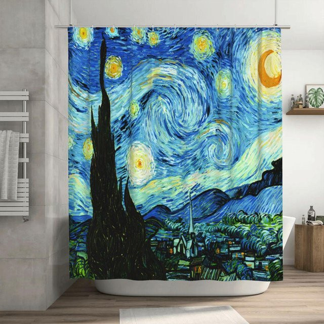 Annier Duschvorhang mit Van Gogh-Design aus Polyester, wasserdicht und schimmelresistent, Mehrfarbig, B: 180 cm, H: 220 cm - Bild 1