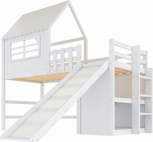 okwish Hochbett mit Sicherheitsrutsche und Ablagefächern in Weiß, B/T/H: 90 x 200 cm, ohne Matratze - Bild 1