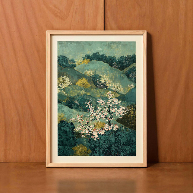 SHENCHEN Wandkunst Orientalische Landschaft als Paper Poster mit floralem Blütenmuster in Türkis und Rosa - Bild 1