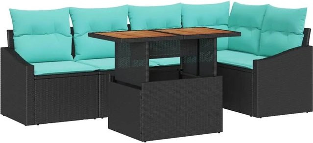 vidaXL Garten Essgruppe aus Poly-Rattan und Akazienholz mit 6 Stühlen und Kissen, Schwarz und Türkis - Bild 1
