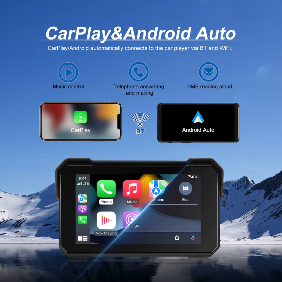 Podofo Motorrad-GPS-Navigator mit 5 Zoll IPS-Bildschirm, IP68 wasserdicht, kabelloses CarPlay und Android Auto, Bluetooth Smart-Audio-Player in Schwarz - Bild 2