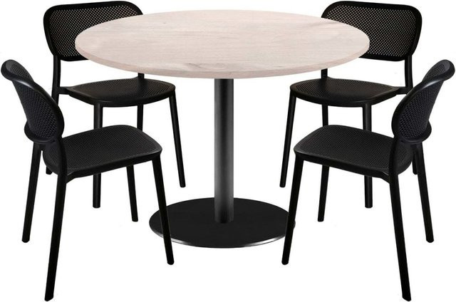 RestooTab Esstisch-Set Rome XL mit 4 Stühlen, runder Esstisch in Birke und Hellgrau mit schwarzem Gestell, Durchmesser: 120 cm, Höhe: 75 cm - Bild 1