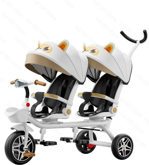 Faltbares Doppel-Kinderdreirad in Weiß mit Liegefunktion als Zwillings-Kinderwagen und Babyfahrrad - Bild 1