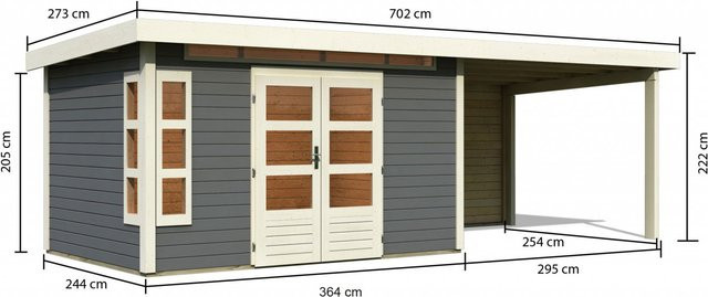 Gartenhaus KASTORF 7 in Terragrau mit 28 mm Wandstärke, 364 x 244 cm inklusive 320 cm Anbaudach und Rückwand - Bild 1