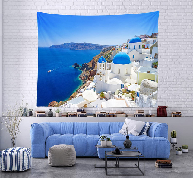 VIKAMA Wandbehang Santorini Blau-Weiß Griechische Ägäis Meeres-Landschaft Wandteppich für dein Wohnzimmer oder Schlafzimmer - Bild 1