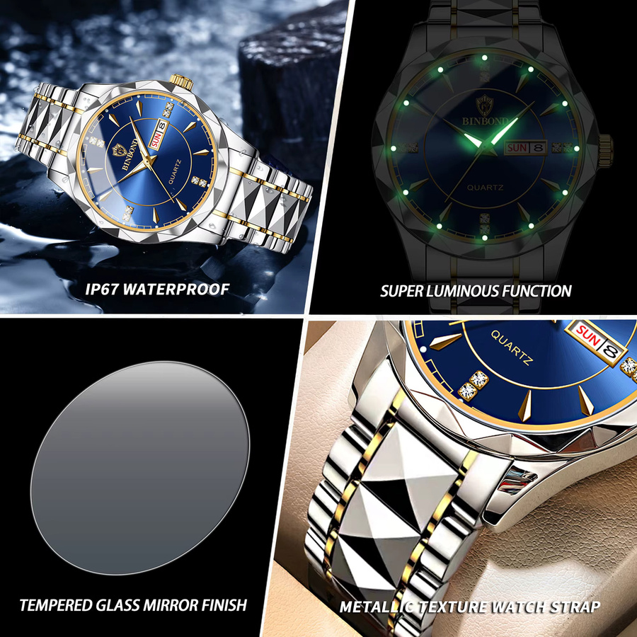 BINBOND Armbanduhr Quarz, Edelstahl, Blau, Wochentag, Datum, Herren - Bild 6