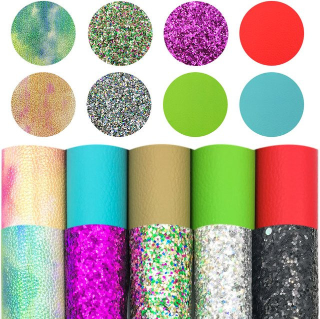 10er Set DIY Bastelmaterial aus bedrucktem PU-Leder in Tie-Dye-Optik mit Glitter-Effekt, Multicolour - Bild 1