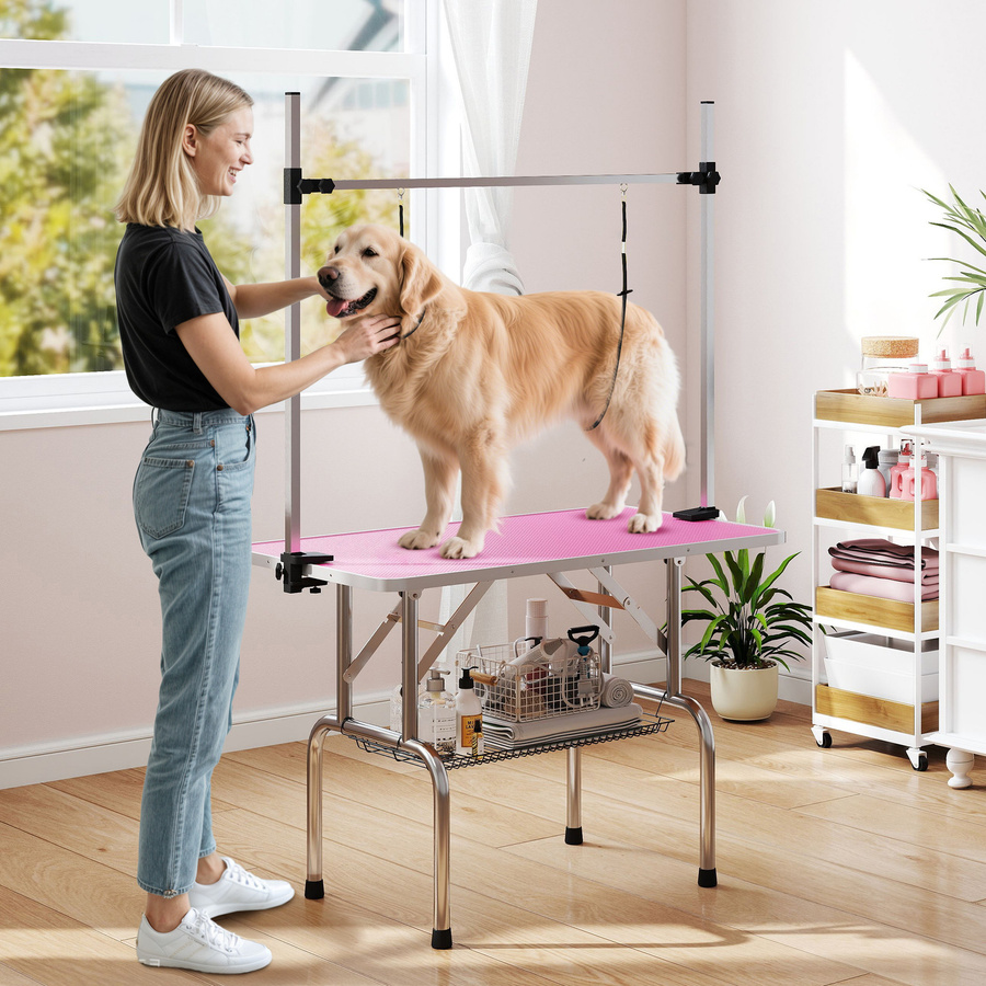 PawHut Klappbarer Hundepflegetisch mit Metall-Gitterkorb und rutschfester Arbeitsfläche in Rosa, H x B x T: 164 x 107 x 60 cm, Aosom - Bild 2