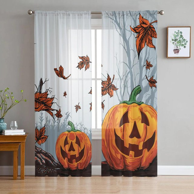 Yiran Furniture Halloween Krähen Skelett Tüll-Vorhang, transparenter Voile-Fenstervorhang mit Ösen, B: 135 cm, H: 115 cm - Bild 1