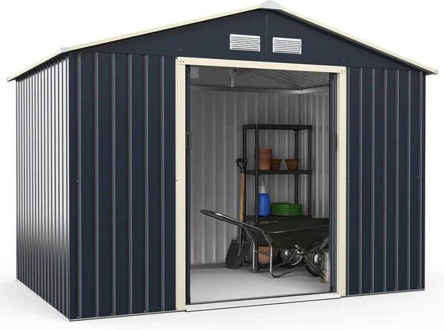 Costway Metallschuppen als Gerätehaus für den Outdoor-Bereich in Anthrazit und Grau mit Schiebetür und Belüftung, B/T/H: 277 x 191 x 202 cm - Bild 1