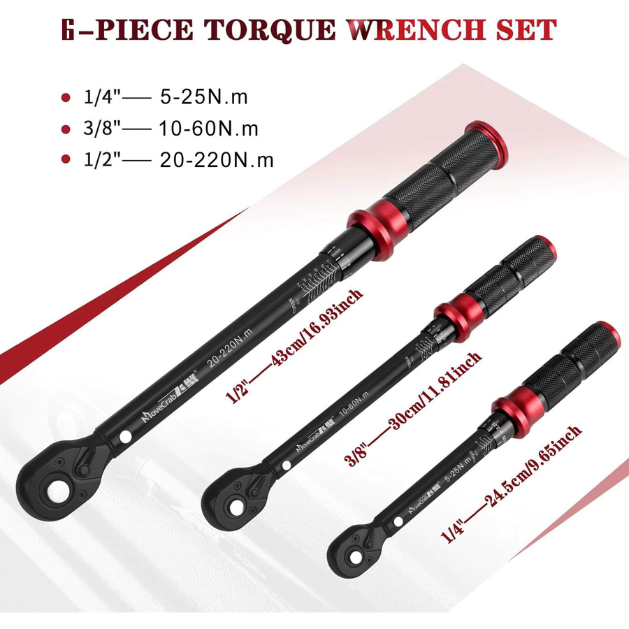 MoveCrab 6-teiliges mechanisches Drehmomentschlüssel-Set in Schwarz, 5–220 Nm, für Fahrrad, Motorrad, Auto und Industrie-Reparaturen - Bild 2