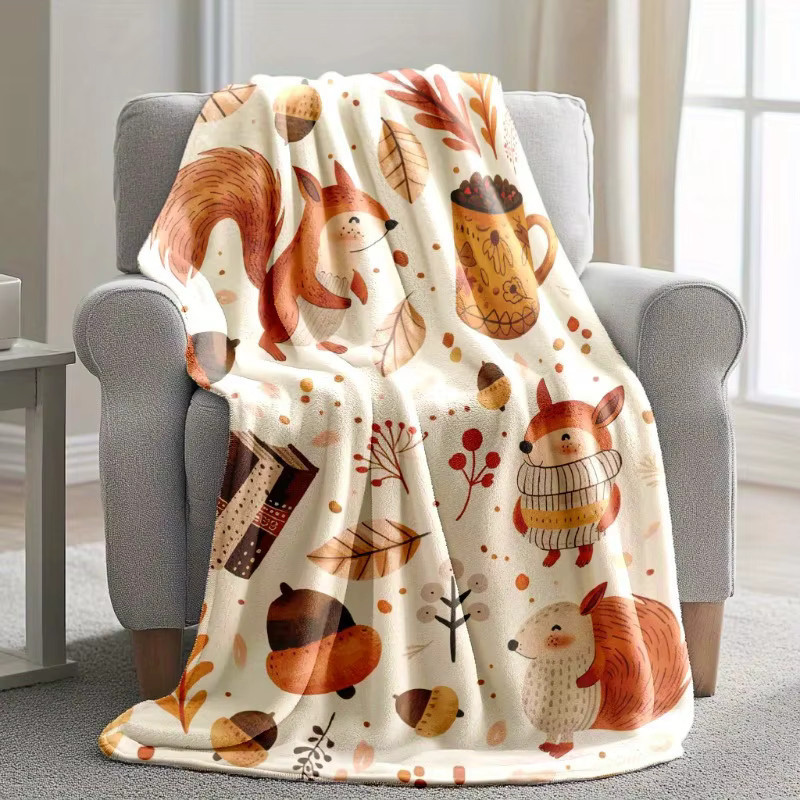 VIKAMA Teppich mit Herbstwaldtier-Motiv Eichhörnchen und Ahornblatt, rechteckig, Multicolour, Kunstfell - Bild 1