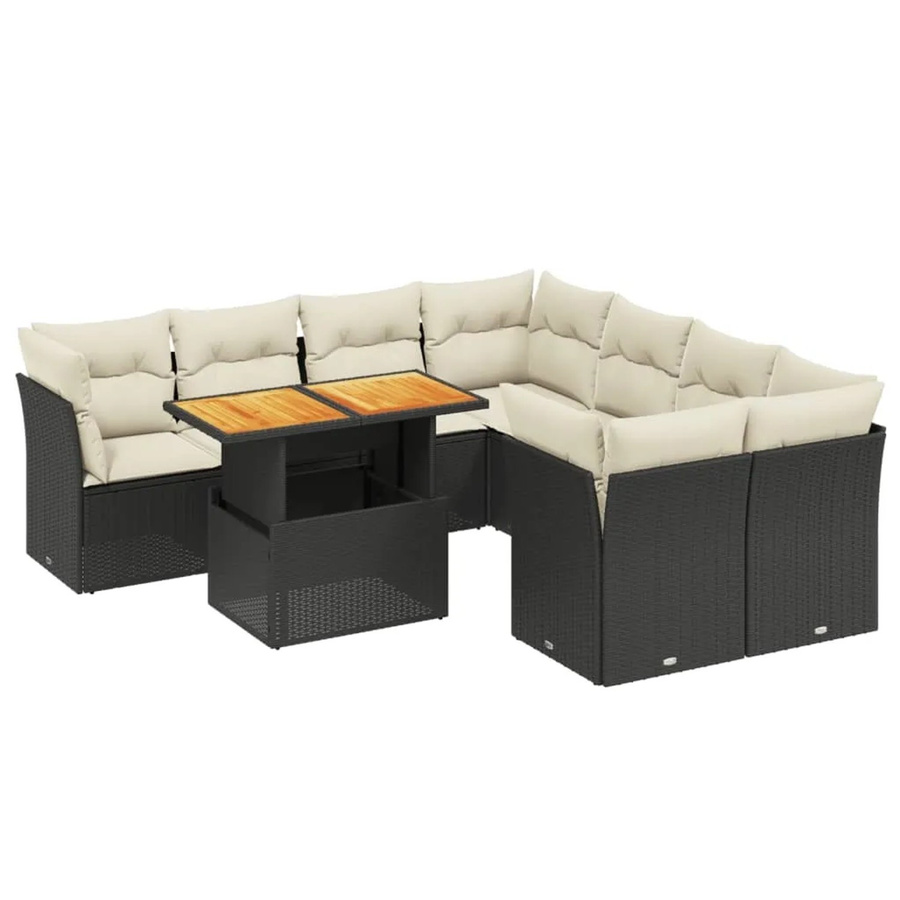 vidaXL 9-teilige Garten-Sofagarnitur in L-Form aus Poly-Rattan und Akazienholz mit Kissen in Schwarz und Cremeweiß - Bild 2