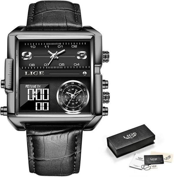 LIGE Armbanduhr, Quarz, Analog-Digital, Eckig, Edelstahl, Leder, Herren, silber/schwarz - Bild 1