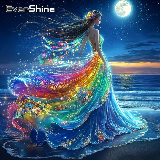 EverShine DIY Diamant-Stickerei Set Porträt einer Frau und Küstenlandschaft mit Mond, Strass-Kunstmosaik in Multicolour, B/B/B: 20 x 20 x 20 cm - Bild 1