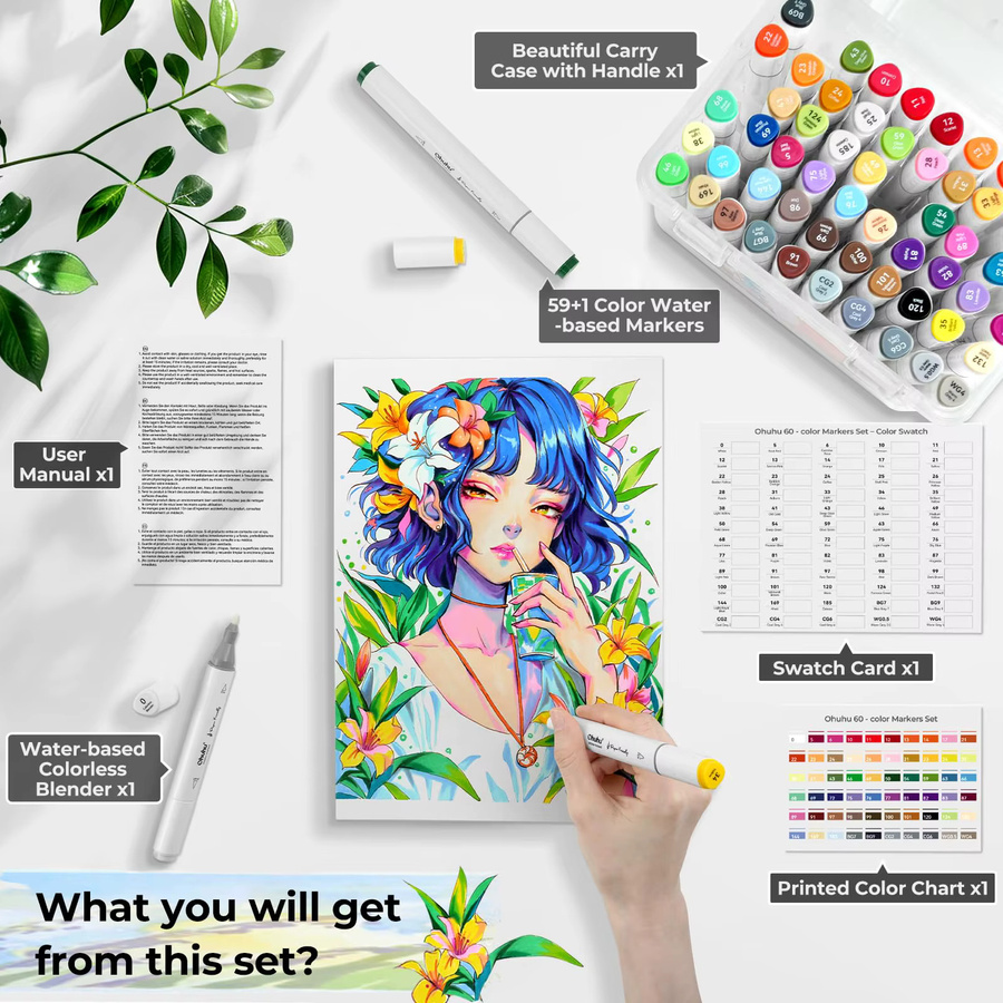 Ohuhu Marker Set mit 60 Farben, Dual-Tip Kunstmarker mit Pinsel- und Fineliner-Spitze, wasserbasierte Malmarker für Malbücher und Kunstprojekte, Mehrfarbig - Bild 4
