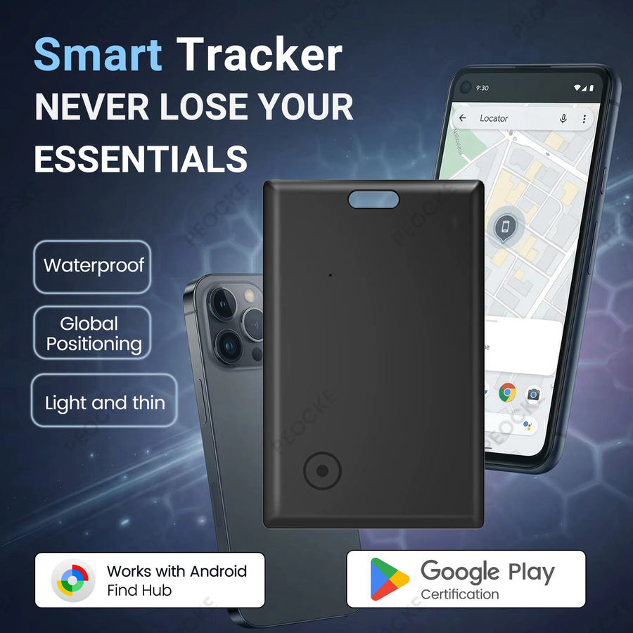 Peocke Geldbörsen-Tracker-Karte in Schwarz: Anti-Verlust Smart Card mit GPS-Standortverfolgung, kompatibel mit Google Find My Device App zur Ortung von Schlüsseln und Gegenständen - Bild 3