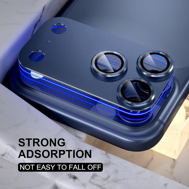 Apple Kameraobjektivschutz für iPhone 17 Pro/Max aus gehärtetem 9H Glas mit Metallrahmen in Blau und Silber - Bild 1