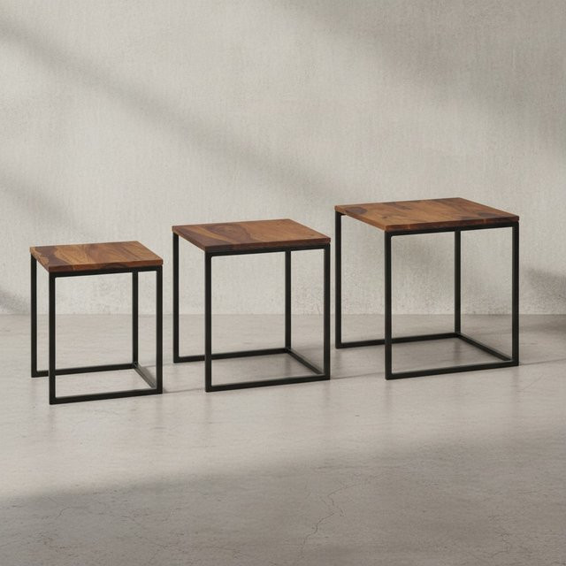 3-teiliges Satztisch Set von KADIMA DESIGN aus Massivholz und Metall in Braun, Eckig und Modern - Bild 1