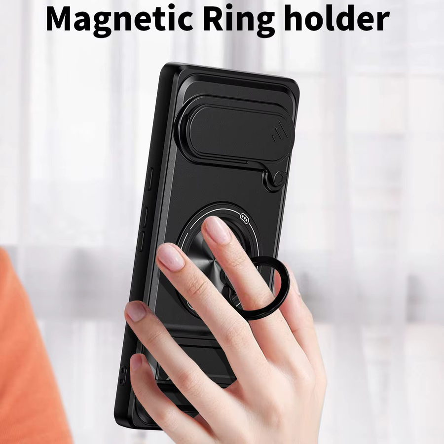 Armor stoßfeste Handyhülle für Google Pixel 6 Pro mit verschiebbarer Kamerakappe, integriertem Magnetring und Ständer in Schwarz - Bild 2
