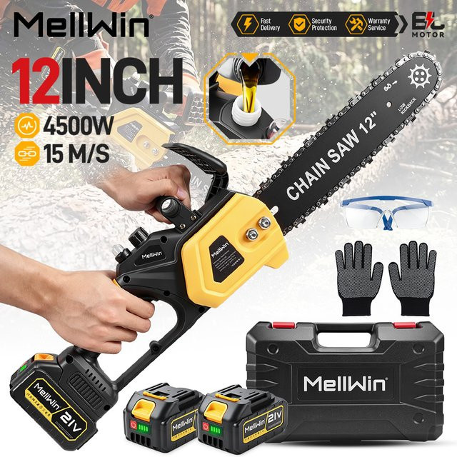 MELLWIN Bürstenlose 12-Zoll-Elektrokettensäge mit automatischer Ölschmierung, kabellose Holzfällersäge für Makita 18V-Akku - Bild 1
