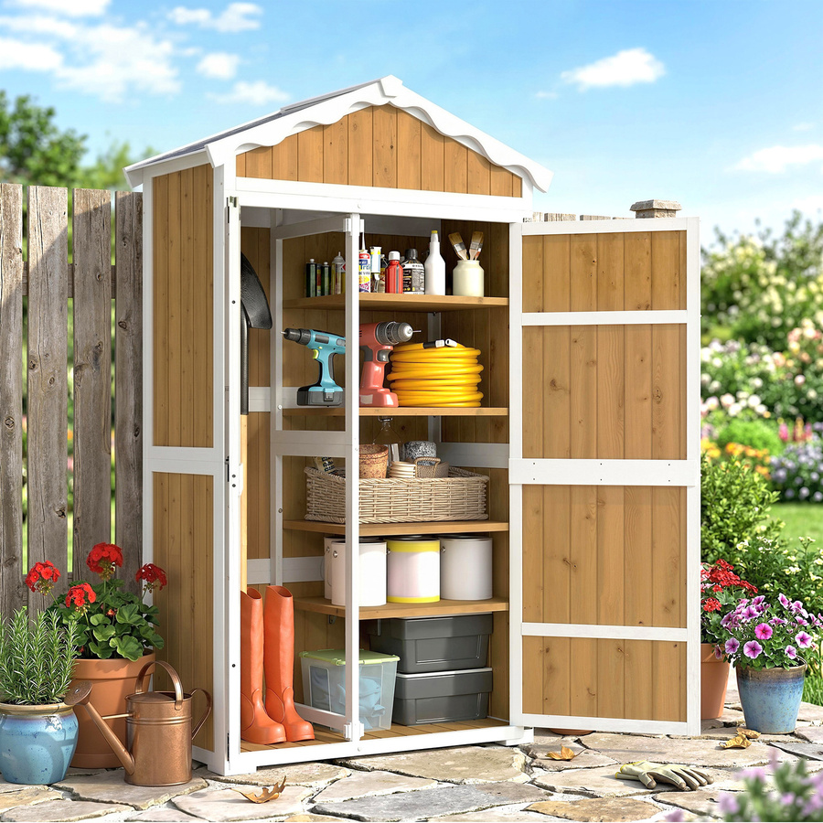 Outsunny Holz-Gartenschuppen wetterfester Außenschrank für Werkzeuge mit 4 herausnehmbaren Regalböden und verzinktem Metalldach, Farbe: Braun, B/T/H: 105 x 55 x 179 cm - Bild 2