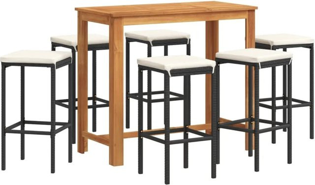 vidaXL 7-tlg Gartenbar-Set aus Akazien-Massivholz und Poly Rattan in Schwarz mit cremeweißen Polstern - Bild 1