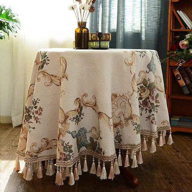 Runde Tischdecke von Your Warm Home in Beige, wasserabweisend und fleckenbeständig mit floralem Jacquard-Muster, Durchmesser: 140 cm - Bild 1