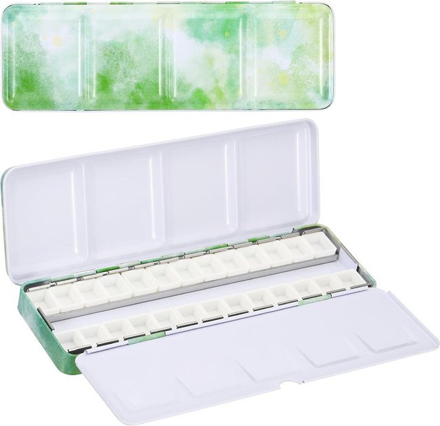 Leere Aquarellpalette aus Metall mit 26 halben Pfannen und Deckel, Farbetui für Reisen in Schwarz und Grün - Bild 1