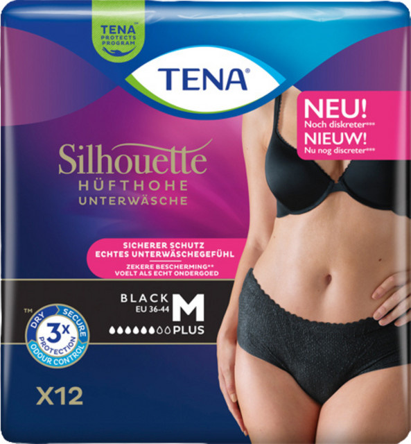TENA Silhouette Pants Plus Black, hüfthohe Unterwäsche, Größe M, 12 Stück, Damen - Bild 1