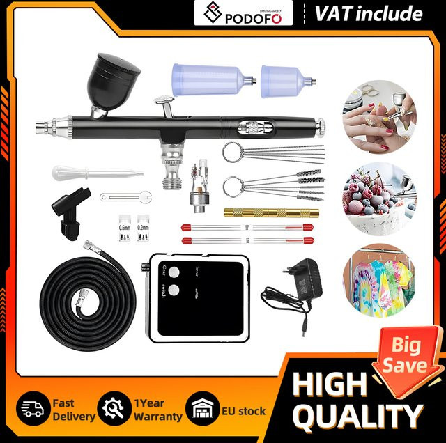 Podofo Dual-Action Airbrush-Set Pneumatische Spritzpistole in Schwarz für Nagelkunst, Tattoo-Malerei und Autolackierung - Bild 1