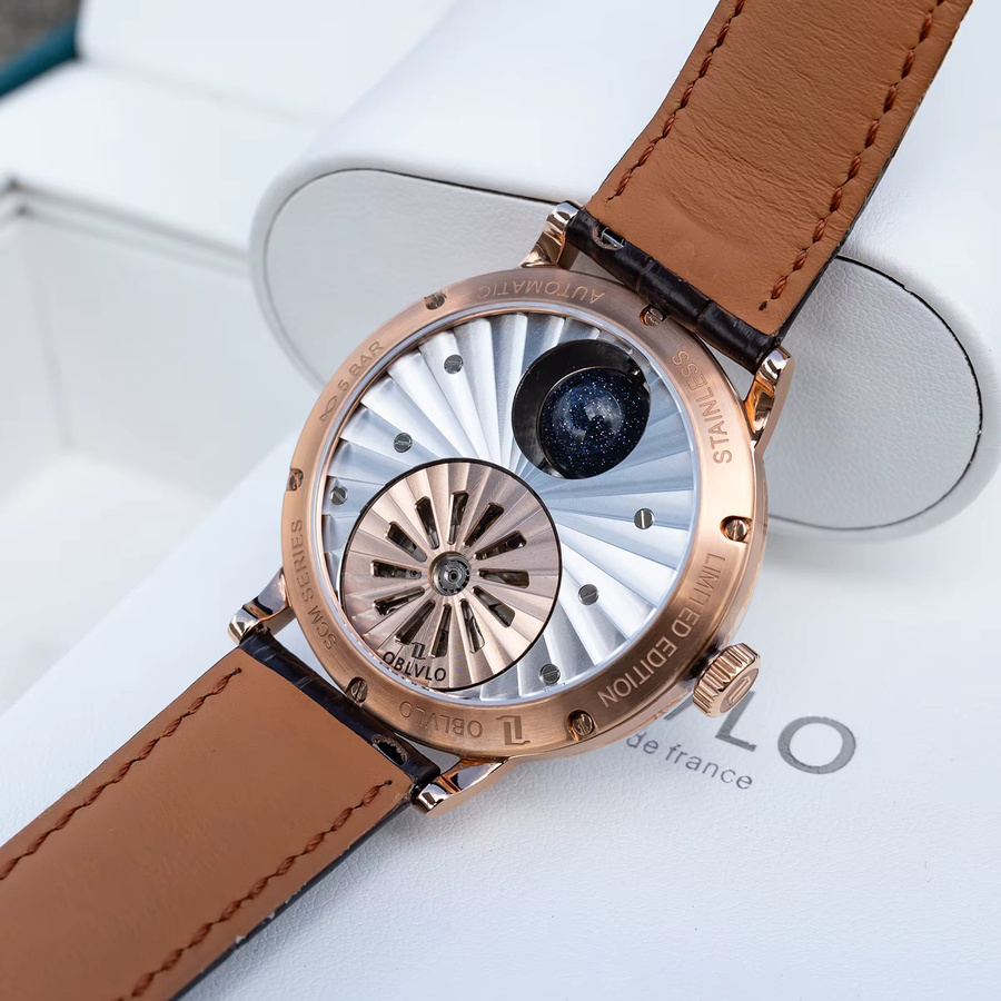 OBLVLO Armbanduhr, Automatik, Roségold, Lederarmband, Herren - Bild 4