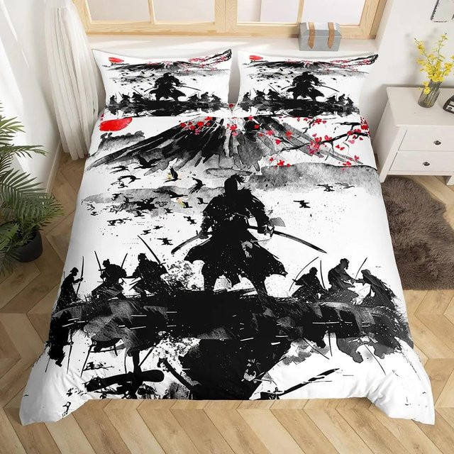 Japanisches Samurai Bettwäscheset mit Kirschblüten, Roter Sonne und Fuji Berg, B/H: 135 x 200 cm, Rot-Weiß - Bild 1