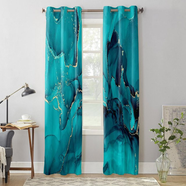 Super Six Moderne Fenstervorhänge Aqua Marmor Goldene Linien in Blau, Breite: 135 cm, Höhe: 60 cm - Bild 1