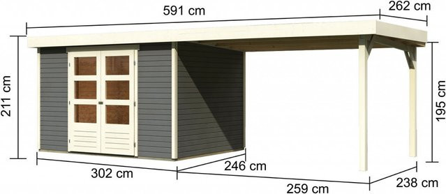 Gartenhaus ASKOLA 5 in Terragrau mit Anbaudach, Wandstärke 19 mm, B: 302 cm, T: 246 cm - Bild 1