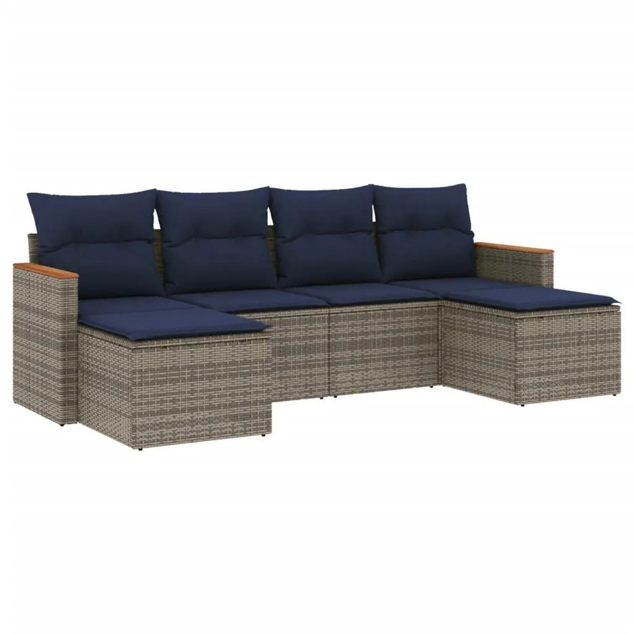vidaXL 6-tlg Gartensofa-Set in L-Form aus Polyrattan mit Kissen in Grau und Blau - Bild 2