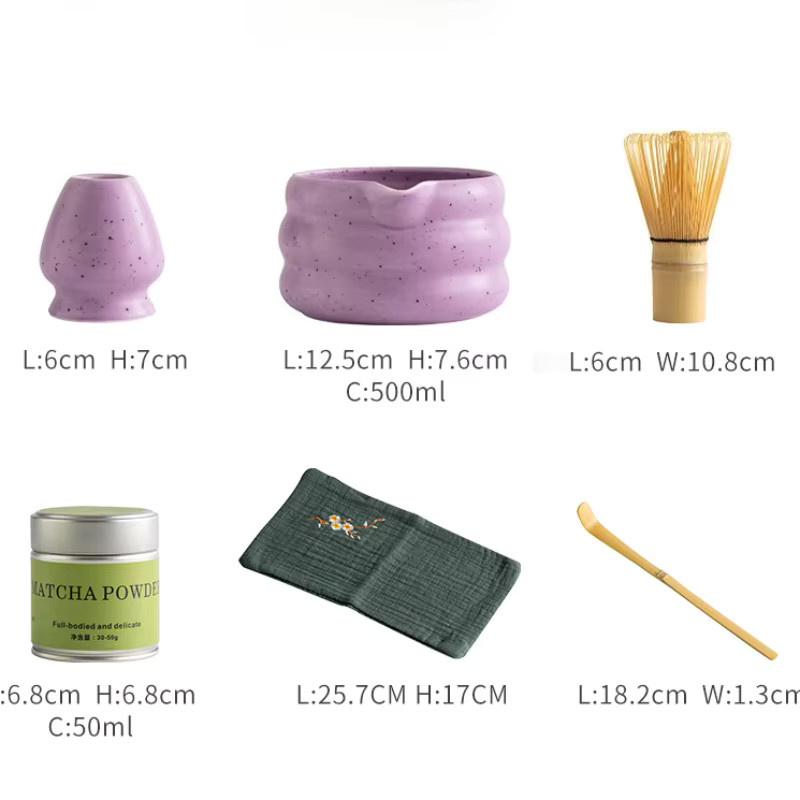 Japanisches Matcha-Teeset in Lila mit Keramikschale und Bambusbesen Chasen für die traditionelle Teezeremonie - Bild 4