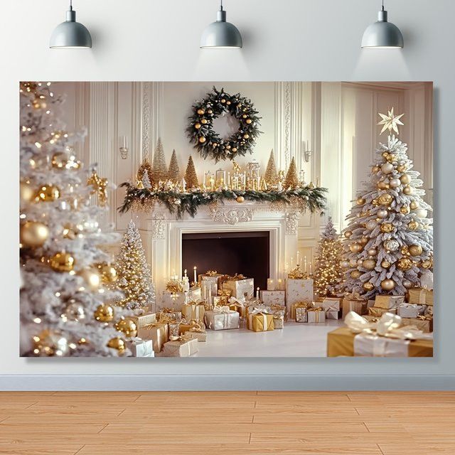 VIKAMA Weihnachts Wandteppich mit Kamin und Kranz als Dekoration für dein Wohnzimmer - Bild 1