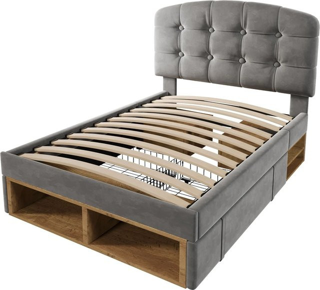 Merax Einzelbett Polsterbett mit Schubladen aus Samt in Grau, B/T/H: 90 x 200 x 101 cm - Bild 1