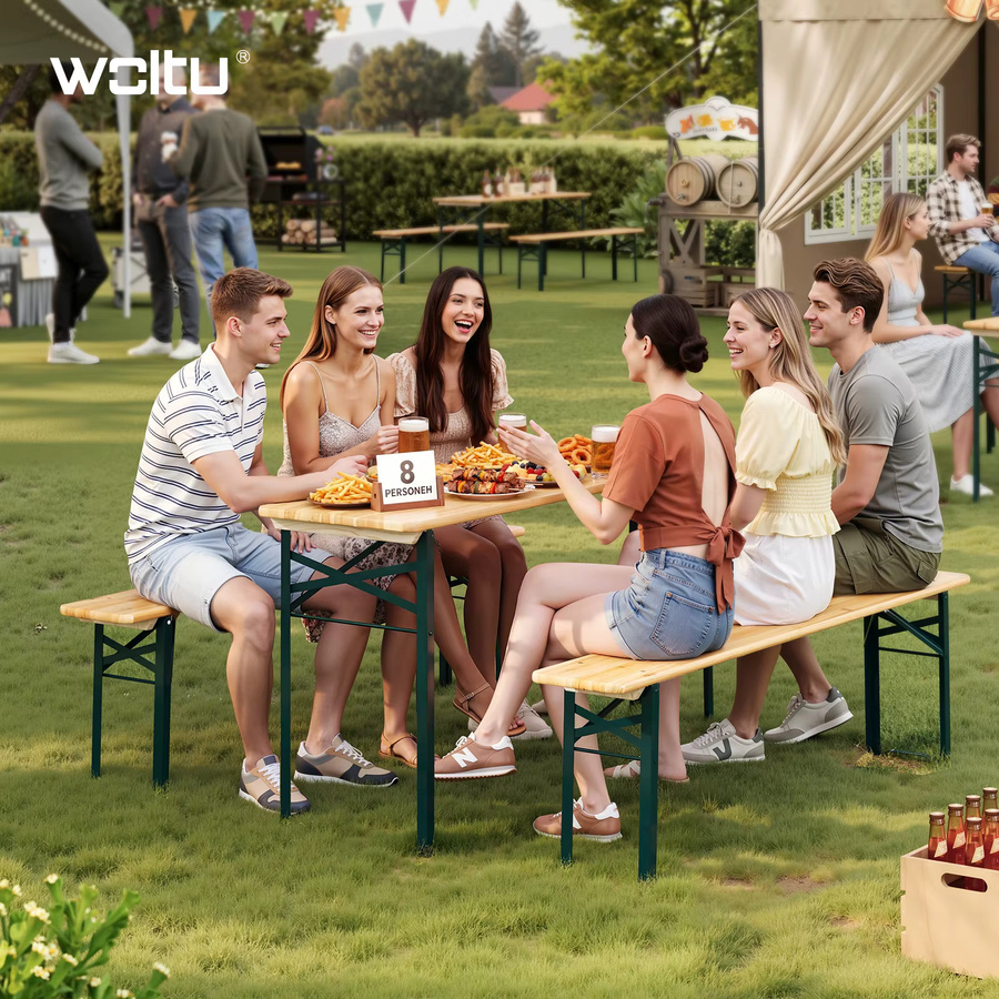 WOLTU Wetterfestes 3-teiliges Bierzelt-Set aus Holz mit 1 Biertisch und 2 Bierbänken in Natural Wood und Braun - Bild 3