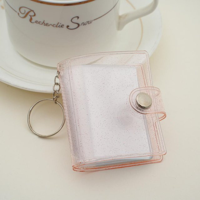 Mini-Fotoalbum mit Pailletten und Schlüsselanhänger in Pink, transparenter Karten-Fotohalter mit 16 Taschen und Schnappring - Bild 1