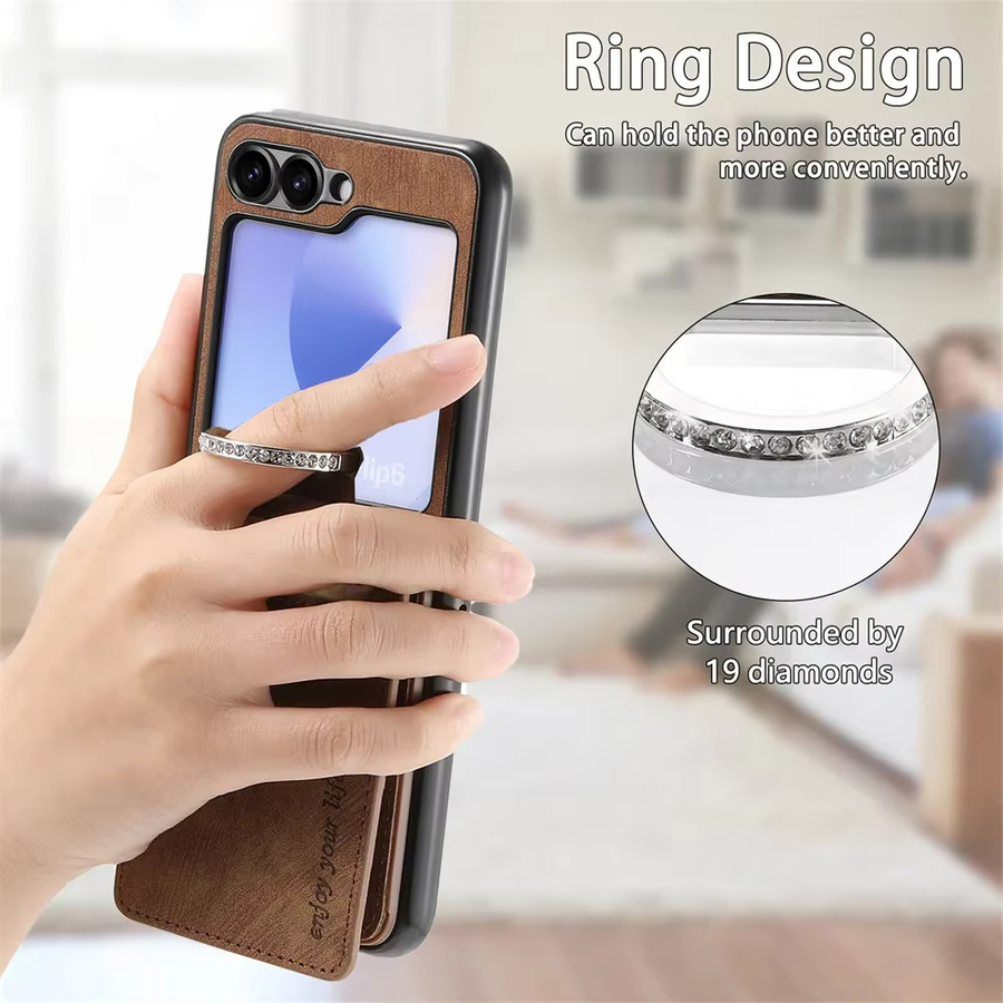Retro Lederhülle mit Ringhalterung und Kartenhalter für Samsung Galaxy Z Flip 7 6 5 4 3 5G in Schwarz oder Braun - Bild 5