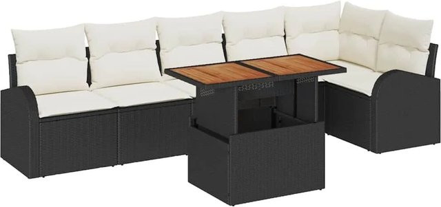 vidaXL Garten-Sofa-Set 7-tlg. in L-Form mit Kissen, Schwarz und Beige - Bild 1