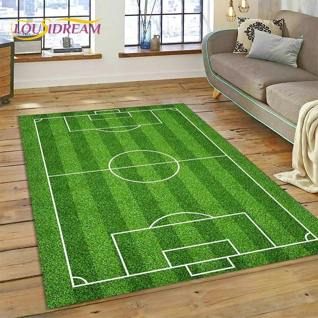 Karpetti 3D-Teppich mit Fußballfeld Motiv in Grün, waschbarer Polyester-Bodenmatte für Kinderzimmer, Wohnzimmer oder Schlafzimmer, B/T: 120 x 100 cm - Bild 1