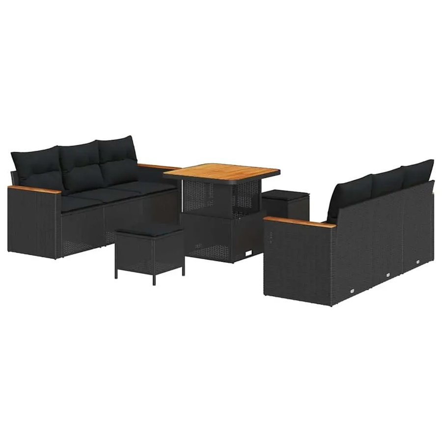 vidaXL Garten-Sofa-Set aus Polyrattan und Stahl in Schwarz, 9-teilig mit Kissen und Tisch - Bild 2