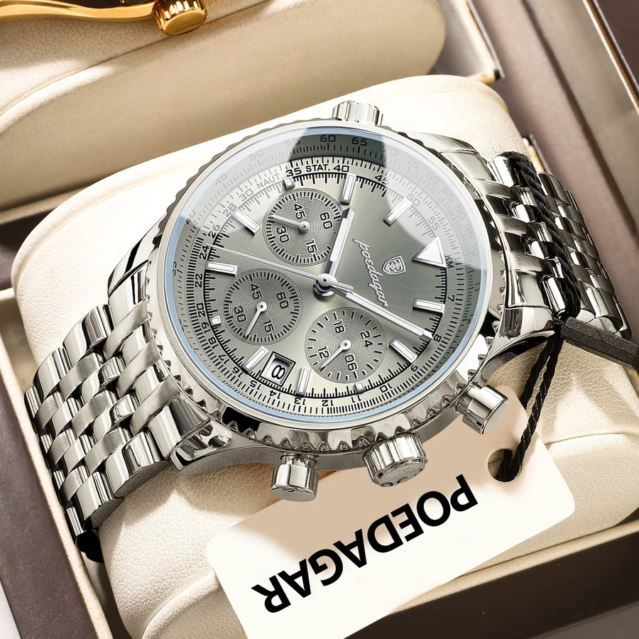 POEDAGAR Armbanduhr, Chronograph, Quarz, Edelstahl, Silber, Herren - Bild 2