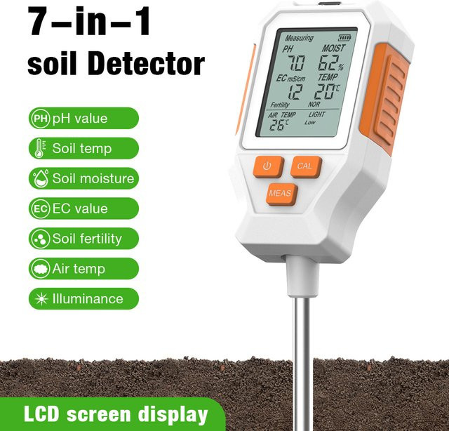 Digitales JUANJUAN Bodenmessgerät 7 in 1 mit LCD-Display für pH-Wert, EC-Wert, Temperatur, Feuchtigkeit, Lufttemperatur, Fruchtbarkeit und Sonnenlicht in Weiß - Bild 1