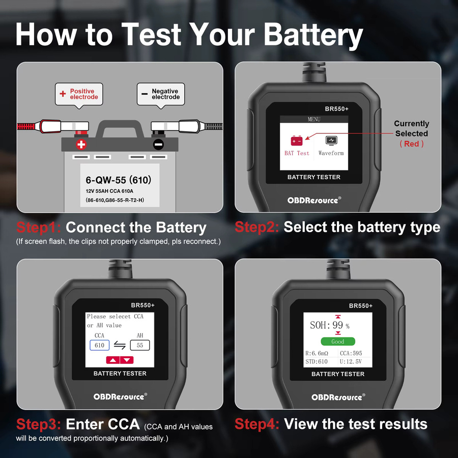 Obdre source Autobatterie Tester Digitaler Batterieanalysator mit Farbbildschirm für 6V, 12V, 24V und bis zu 2000 CCA in Schwarz - Bild 5